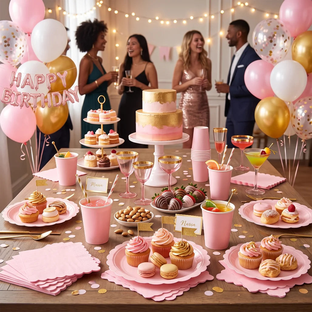 Elegant Pink Scalloped Edge Disposable Tableware — Chic Party Decor Set