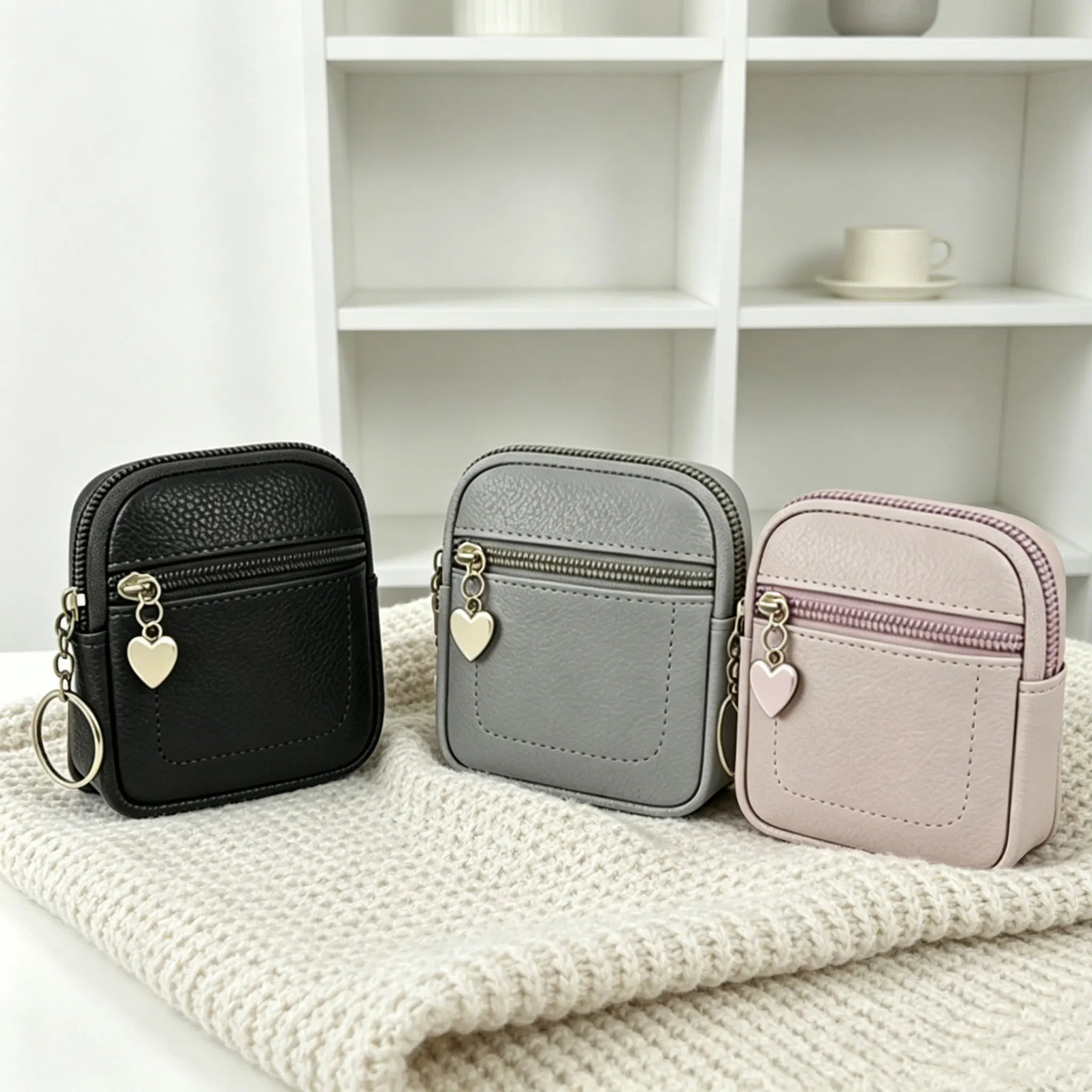 PU Leather Coin Purse — Portable Wrist Bag with Keychain Ring