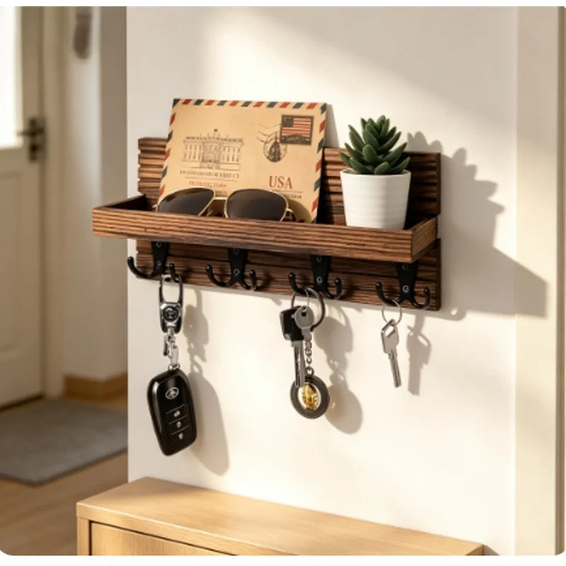 Wall Mounted Wooden Key Holder — Rustic Entryway Mail & Hook Organizer