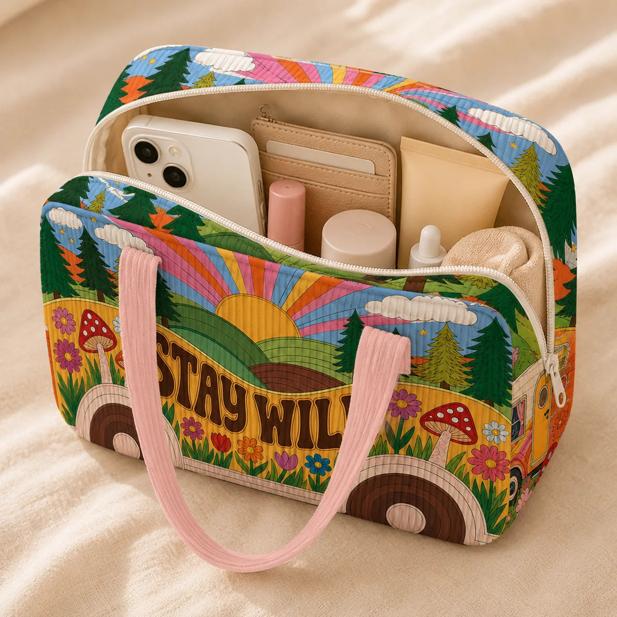 Retro Corduroy Cosmetic Bag — Portable Makeup & Toiletry Organizer
