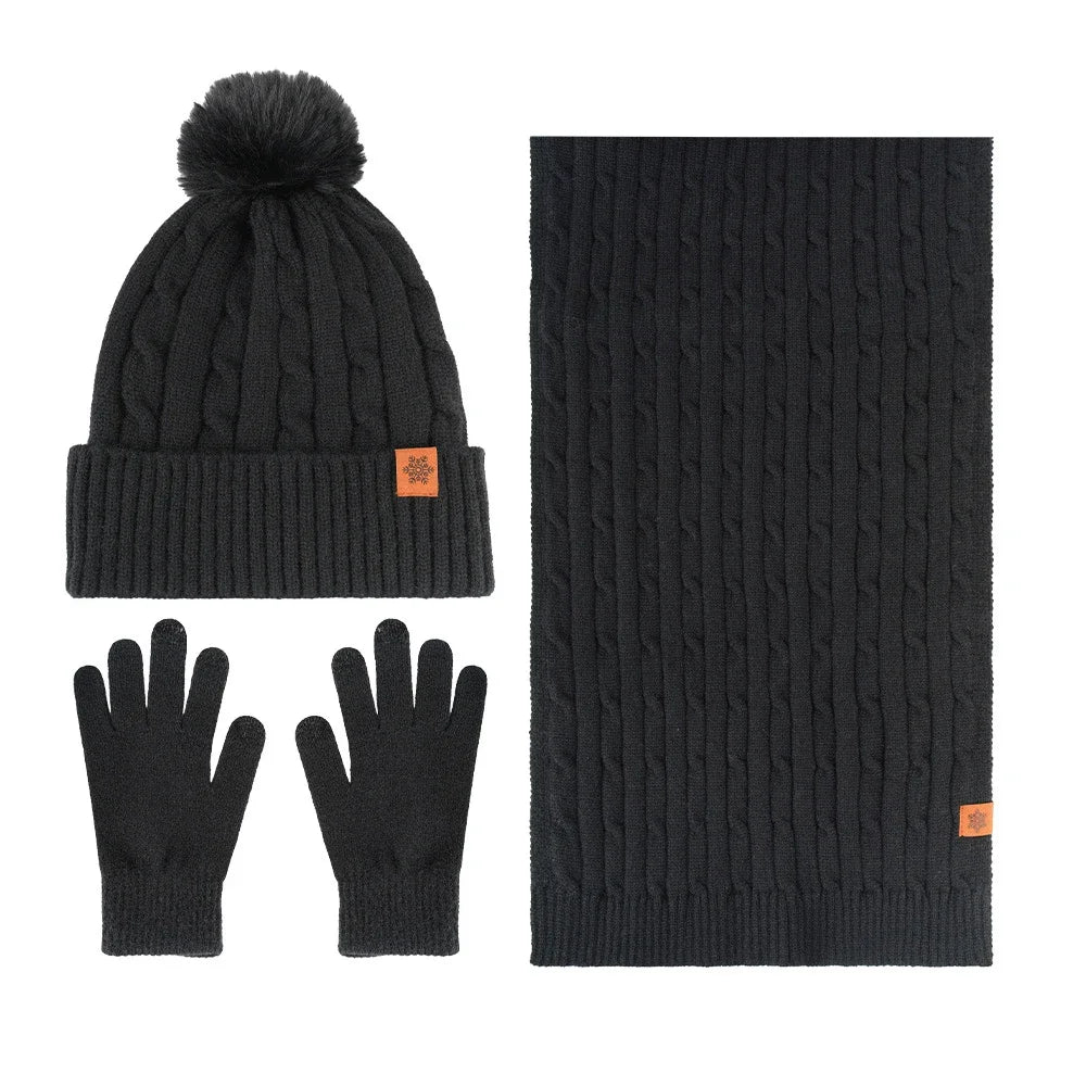 Winter Thermal Accessory Set — Knit Beanie, Scarf & Touchscreen Gloves
