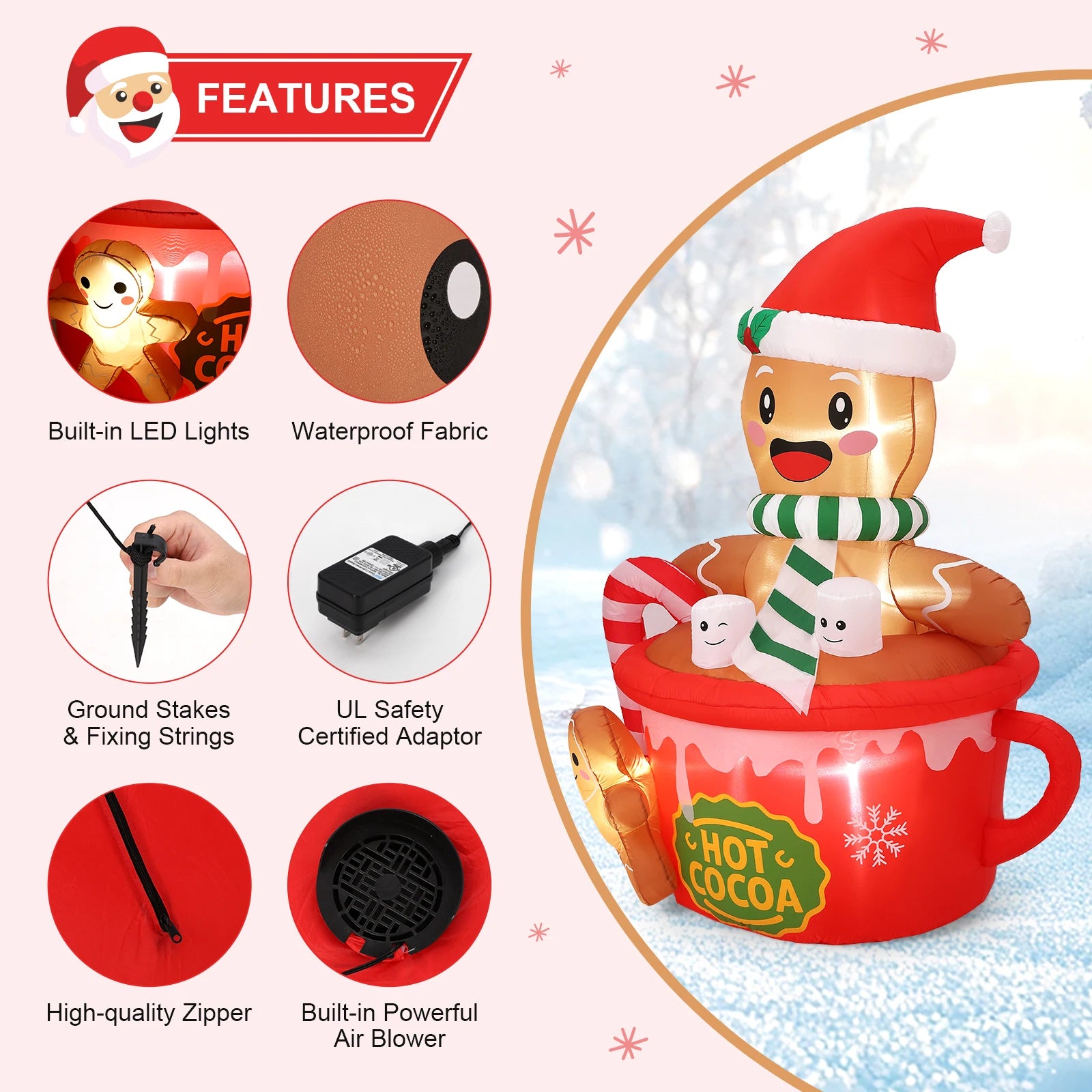HiMISS 6ft Gingerbread Man Inflatable — Glowing Hot Cocoa Mug Yard Decor