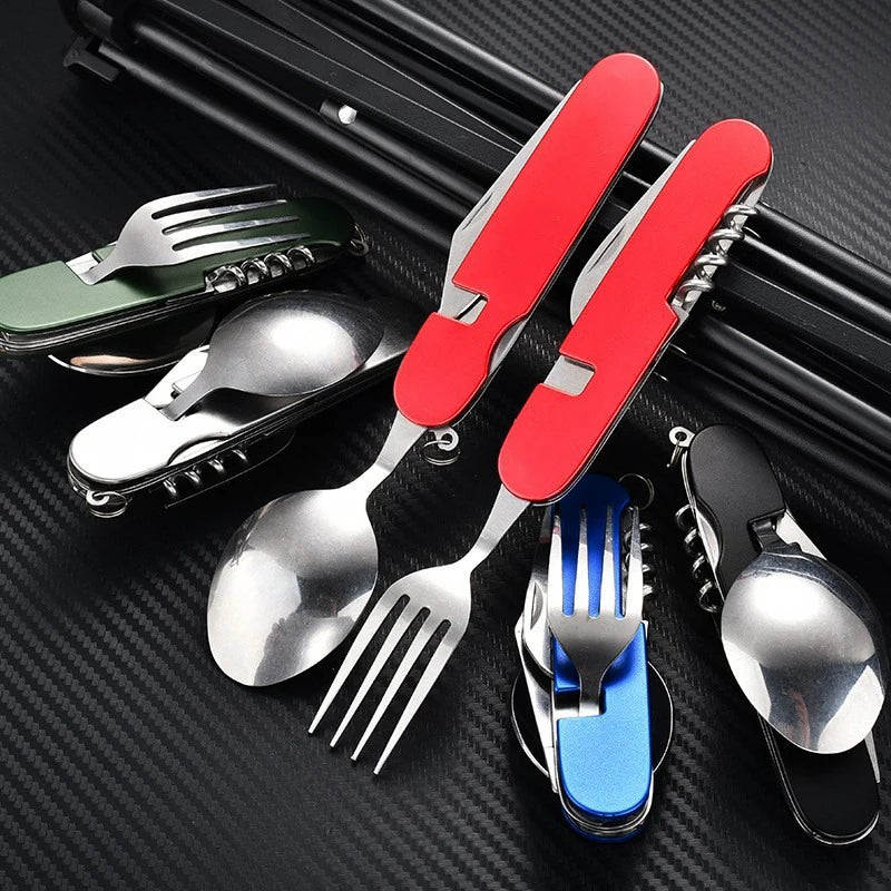 6-in-1 Stainless Steel Camping Cutlery Set — Portable Folding Outdoor Kit