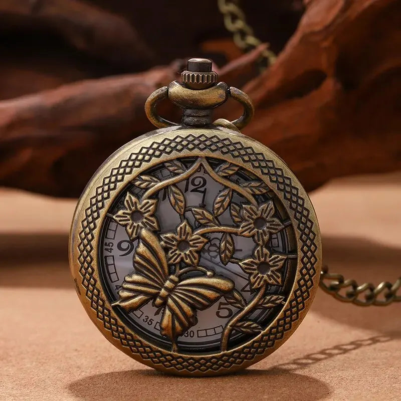 DEYROS Butterfly Carved Quartz Pocket Watch — Elegant Necklace Pendant with Fob Chain