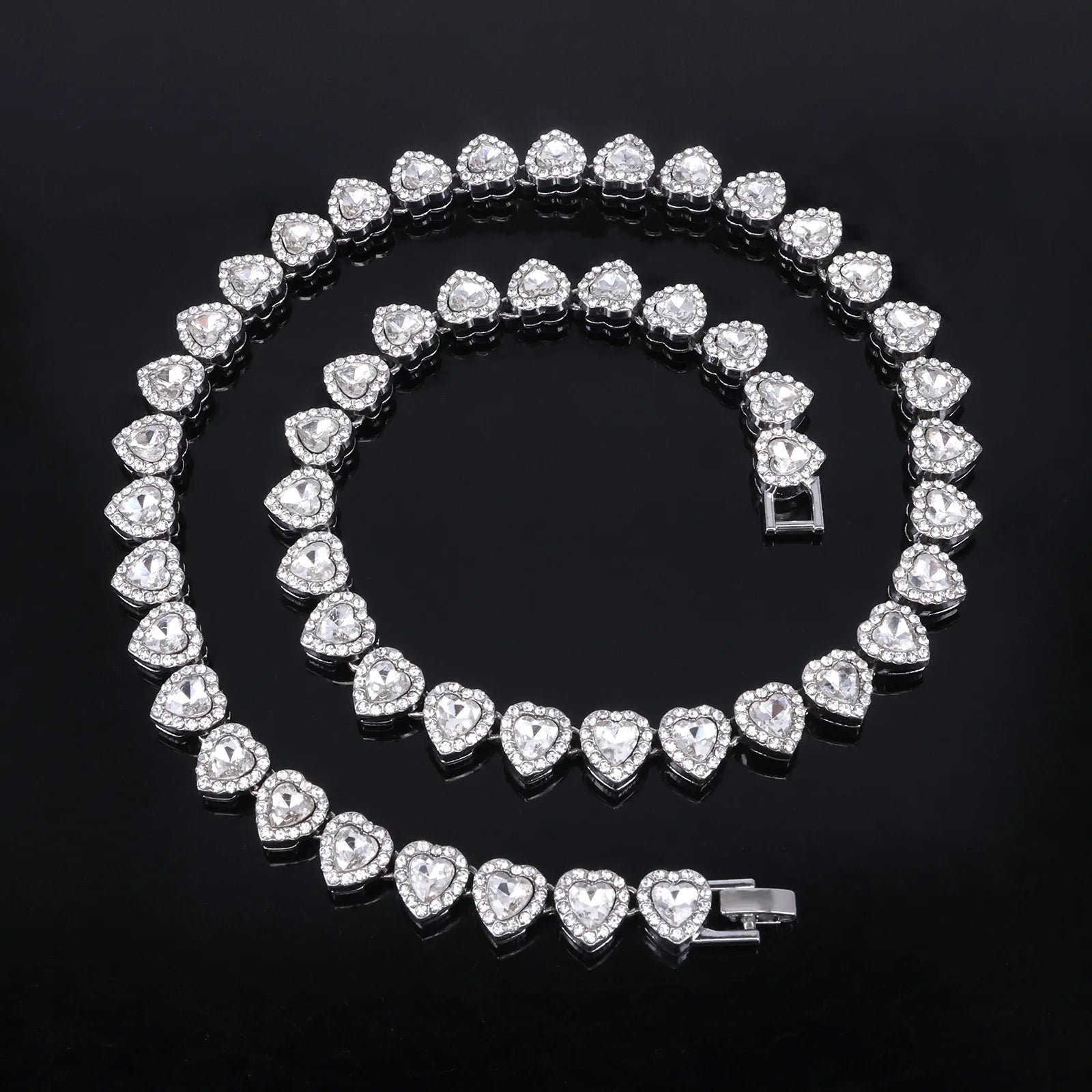 Hip Hop Rhinestone Heart Jewelry Set — Tennis Chain Necklace and Bracelet