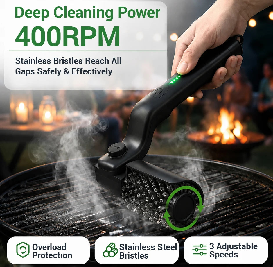 Electric Grill Brush — High Torque BBQ Cleaner with 3-Speed Modes