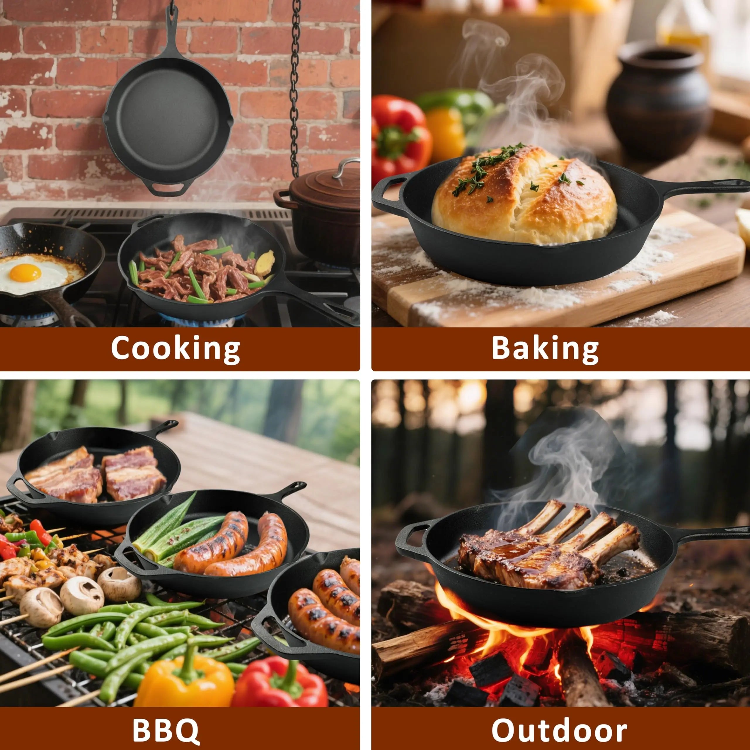 NOVELTY MOON Cast Iron Skillet Set — 3-Piece Pre-Seasoned Cookware
