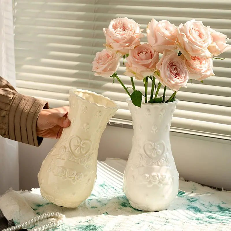 Retro Rose Relief Decorative Vase — European Style Imitation Ceramic Desktop Ornament