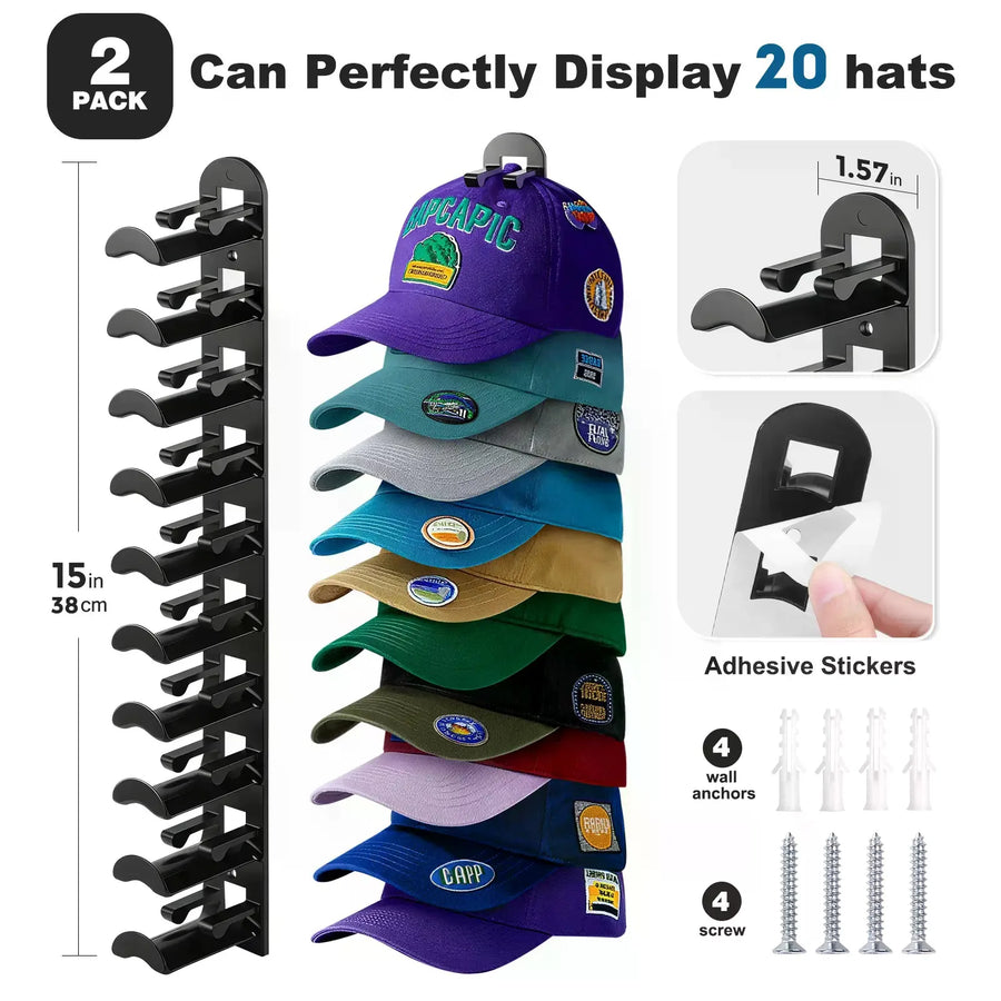 Wall-Mounted Hat Rack 2-Pack — Space-Saving Cap Organizer for Baseball Hats