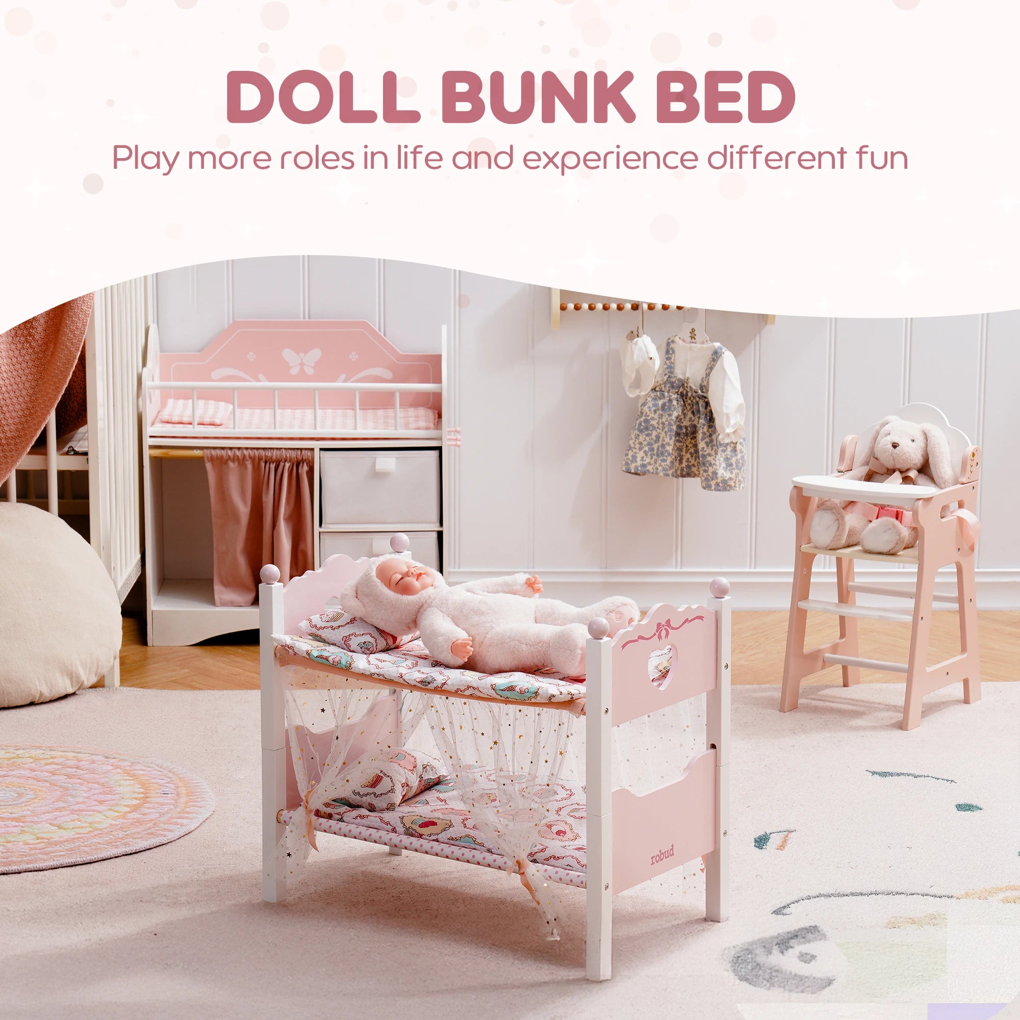 Robud Wooden Baby Doll Bunk Beds — Convertible 2-in-1 Toy Crib Set