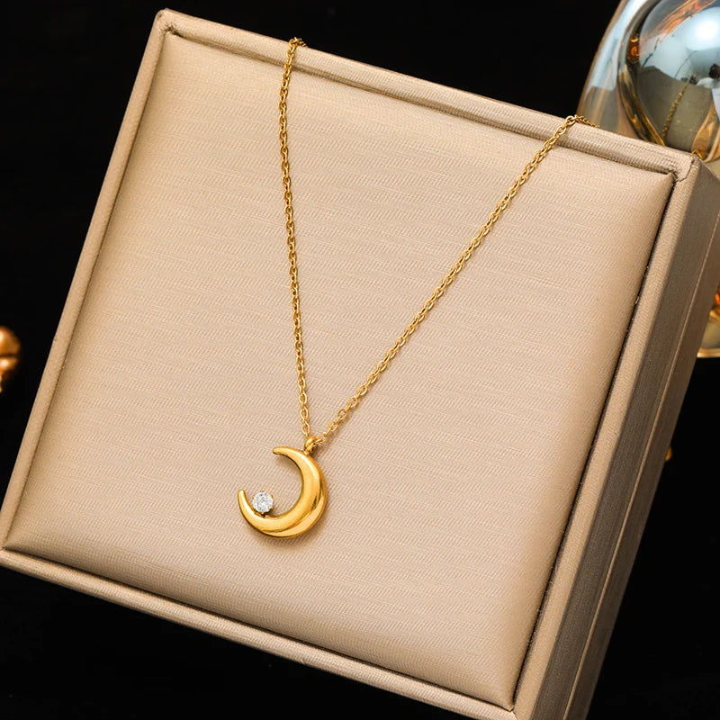 EILIECK Moon Pearl Zircon Puppy Pendant Necklace — Trendy Stainless Steel Jewelry