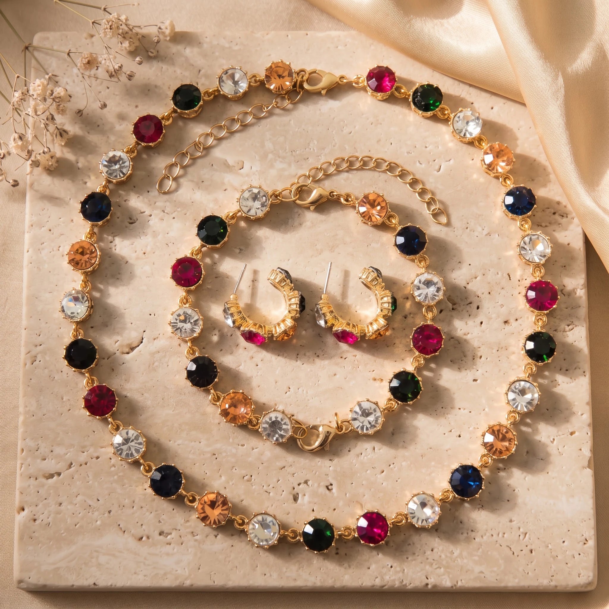 Obega Luxury Rhinestone Jewelry Set — Colorful Necklace, Bracelet & Earrings