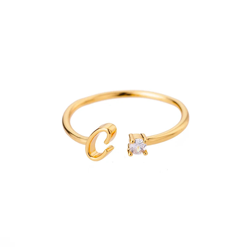ICFTZWE Zircon Initial Letter Rings — Adjustable Stainless Steel Jewelry