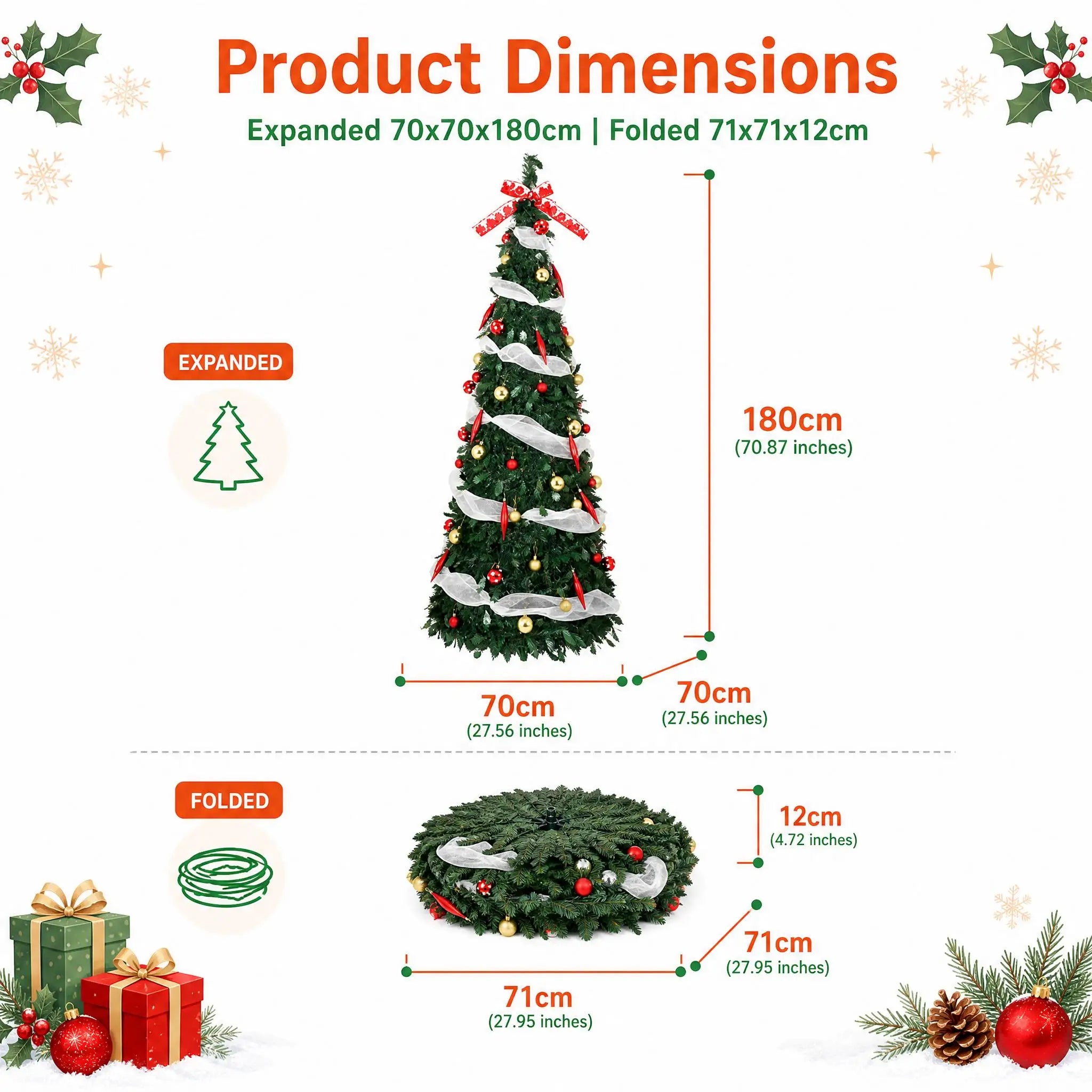GAOMON 6ft Pop Up Christmas Tree — Pre-Lit Slim Pencil Design with Ornaments