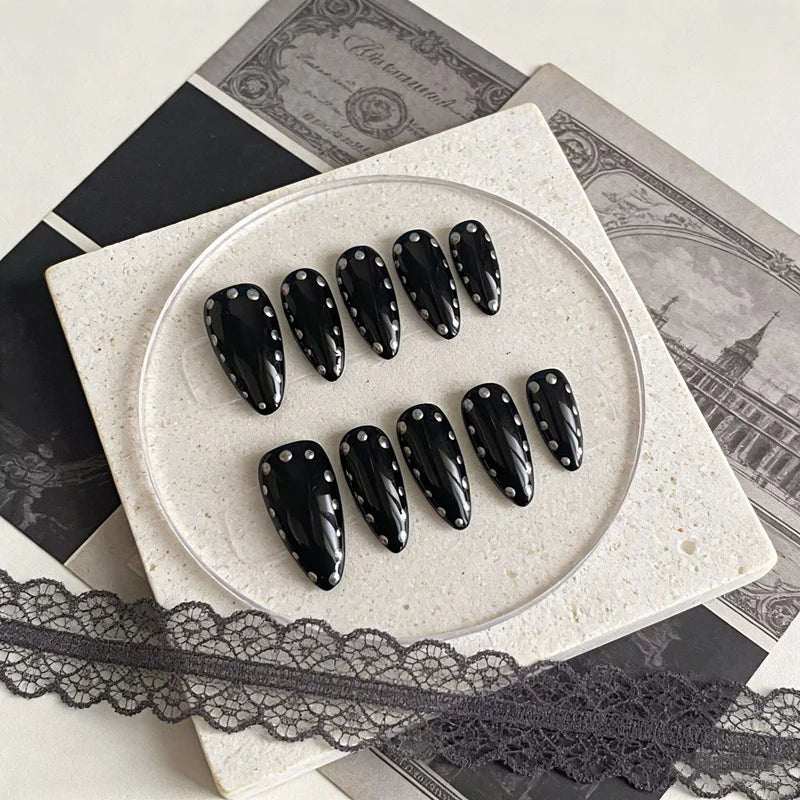 Handmade Black Gothic Press On Nails — Luxury Rock-Chic Almond Manicure