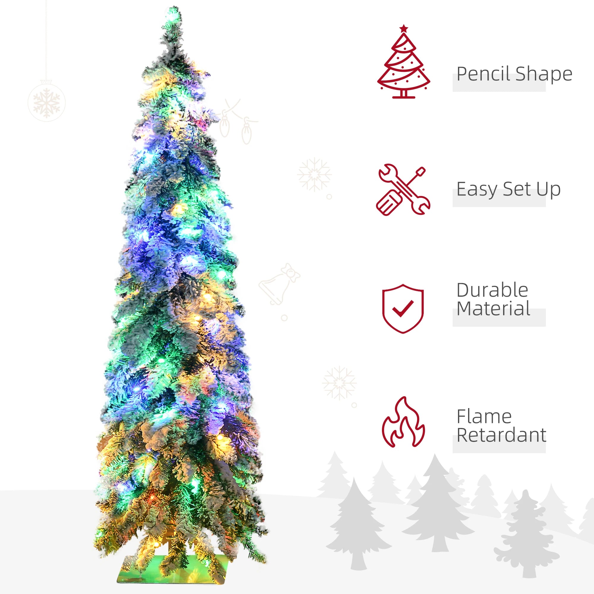 HOMCOM 4ft Slim Snow Artificial Christmas Tree — LED Lighted Pencil Tree
