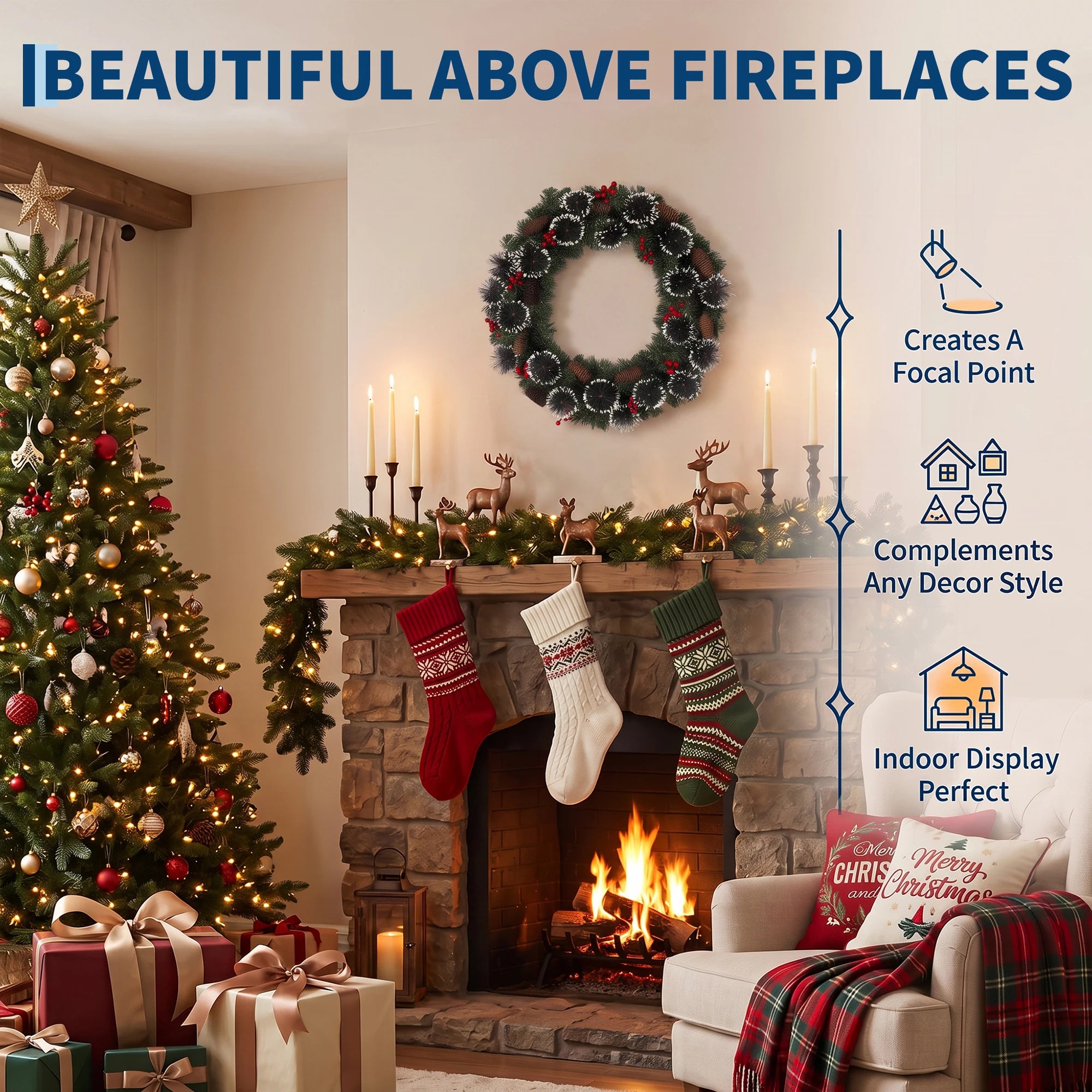 Illuminated Artificial Fir Christmas Wreath — Festive LED Decor with Berries and Pine Cones