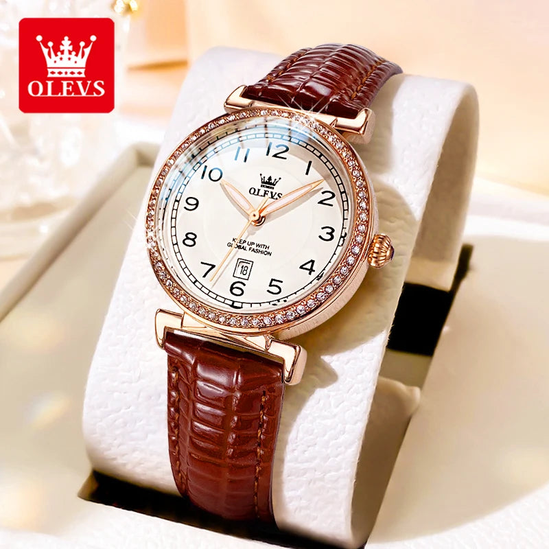 OLEVS 5590 Luxury Women's Watch — Diamond Bezel & Leather Strap