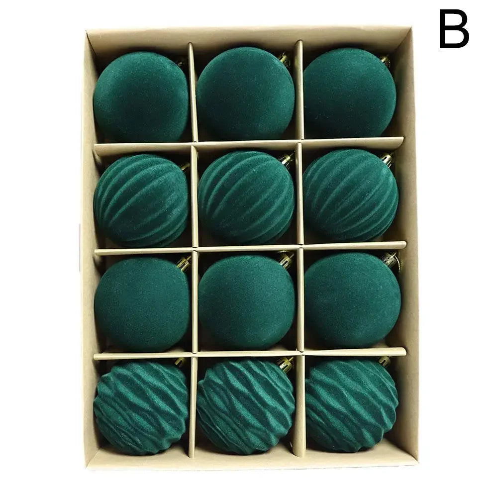 Flocked Velvet Christmas Ball Ornaments — 12-Piece Holiday Tree Decor Set
