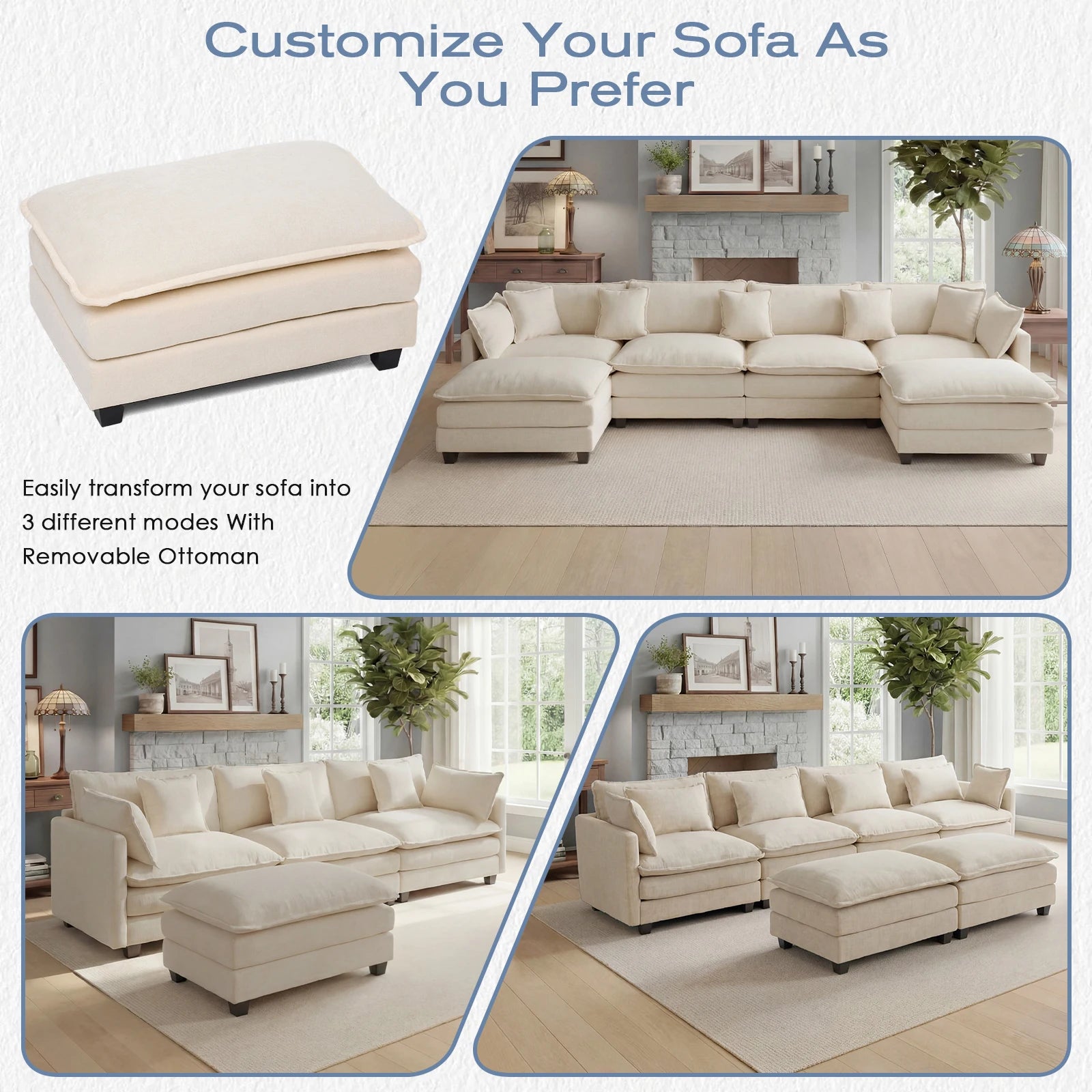 Modular Sectional Sofa with Ottoman — Comfy Cloud Couch with Deep Seating