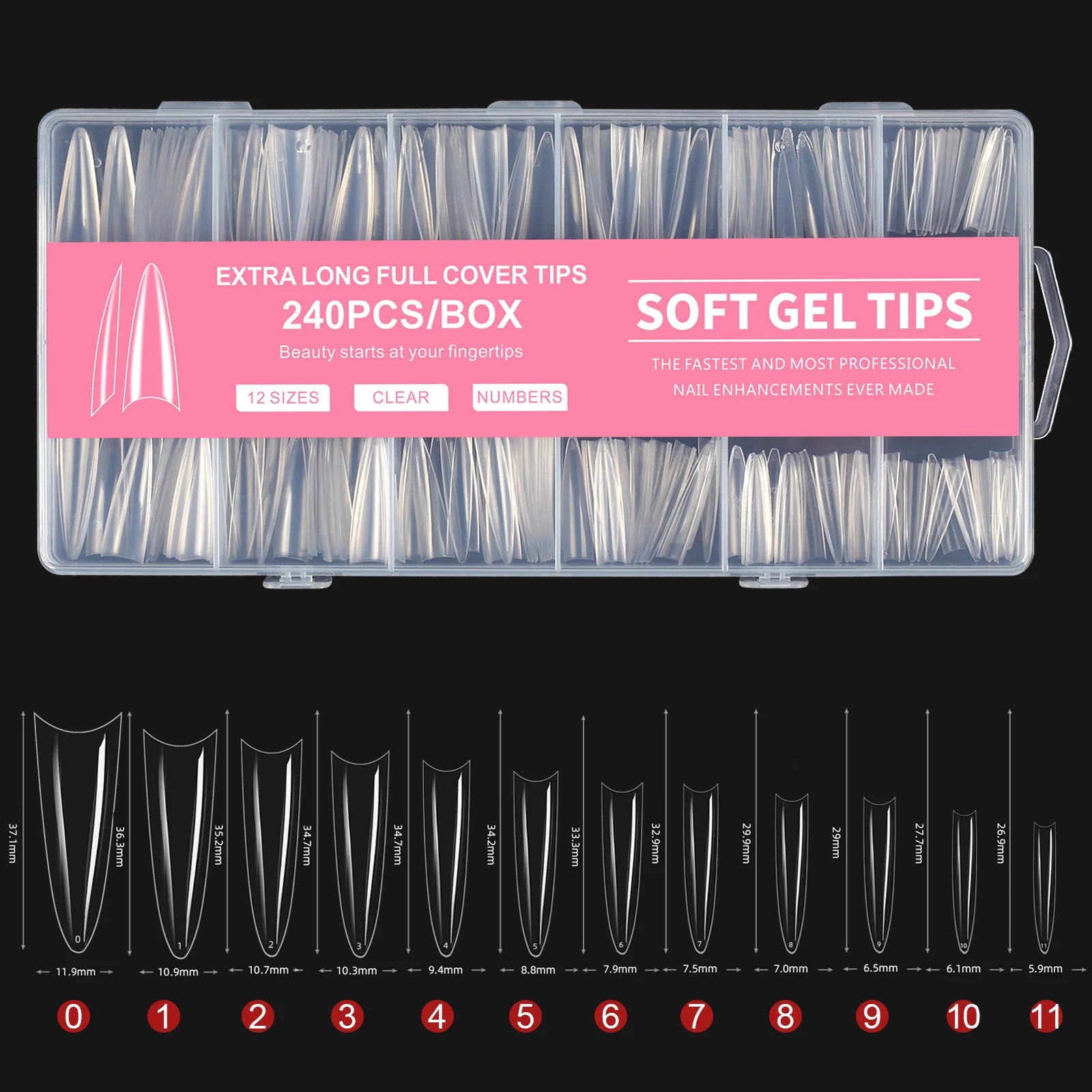 Extra Long Coffin Nail Tips — 240 Piece Clear Acrylic Set, XXXL Length