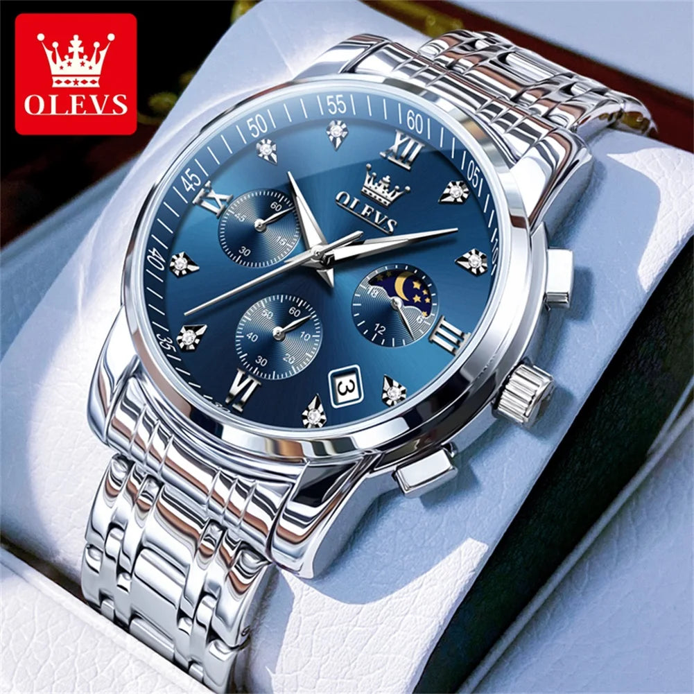 OLEVS 2858 Men's Luxury Watch — Stainless Steel Moon Phase Chronograph