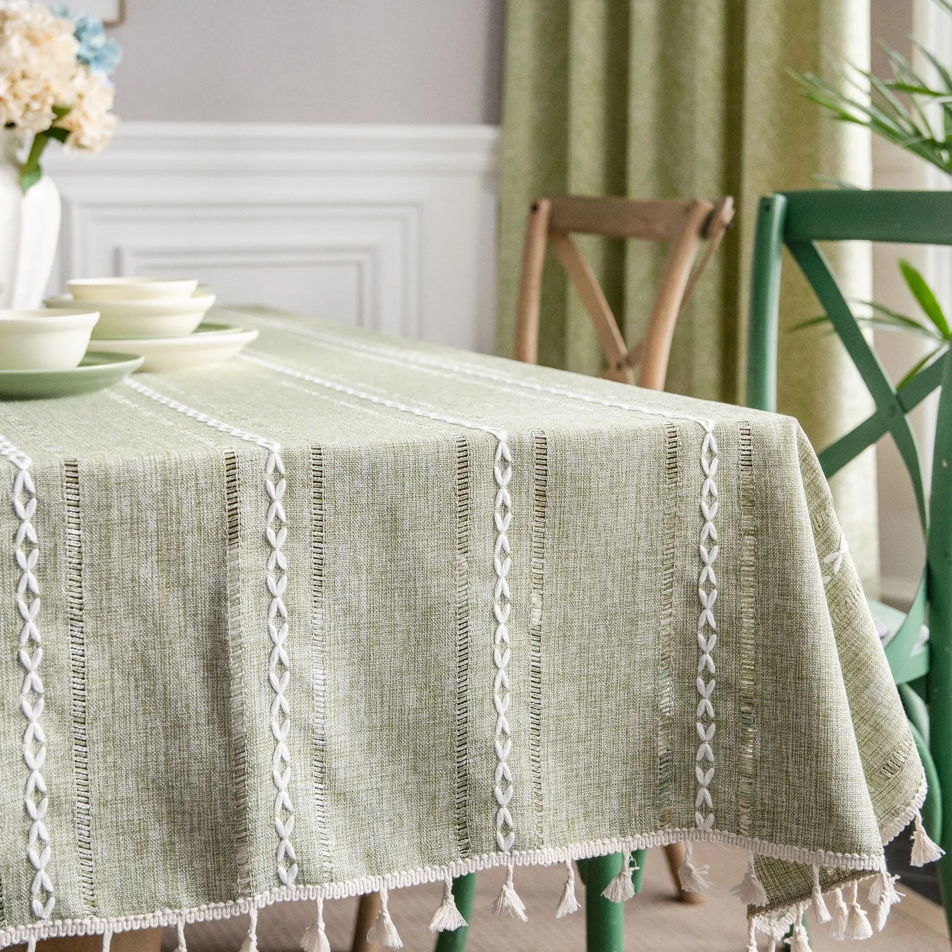 Cotton Linen Stripe Tassel Tablecloth — Stain Resistant Dining Decor