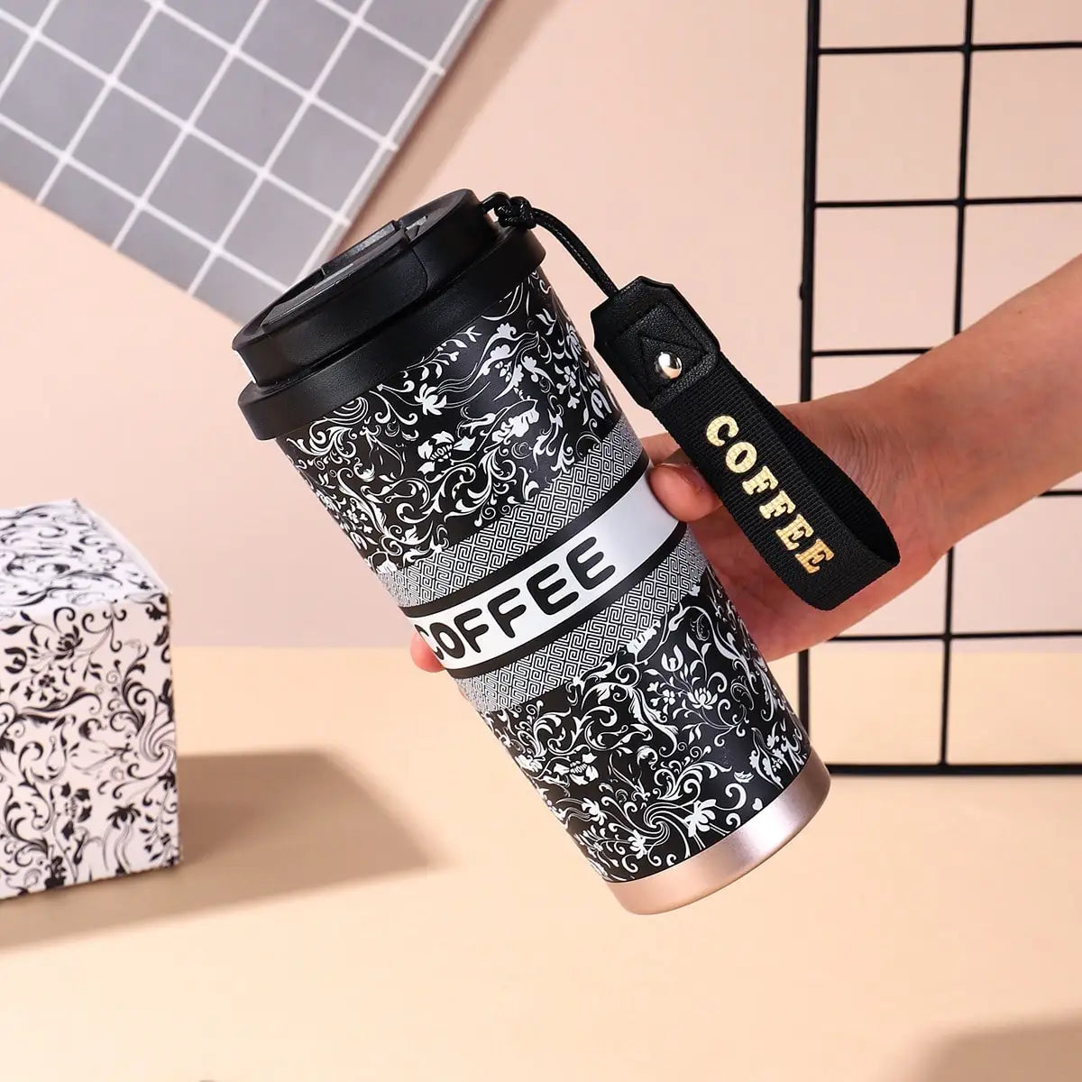 Insulated Stainless Steel Coffee Tumbler — Leakproof Travel Mug with Lanyard