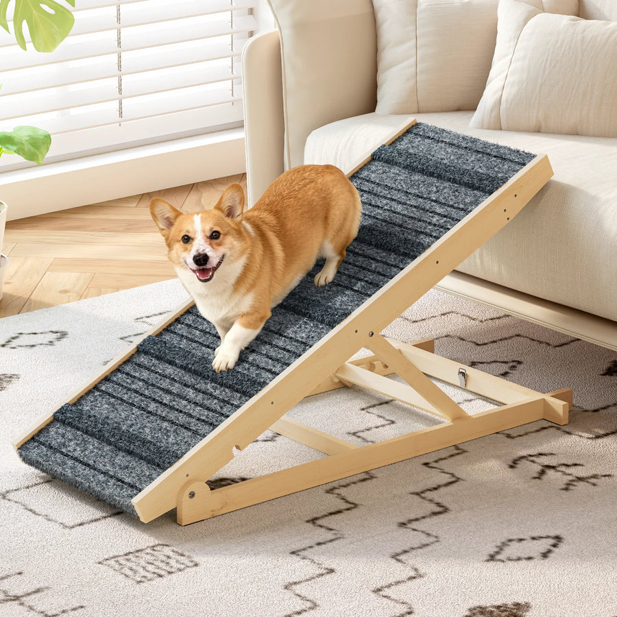 EVOKEDEN Adjustable Pet Ramp — Solid Wood Folding Dog Stairs for Bed & Sofa