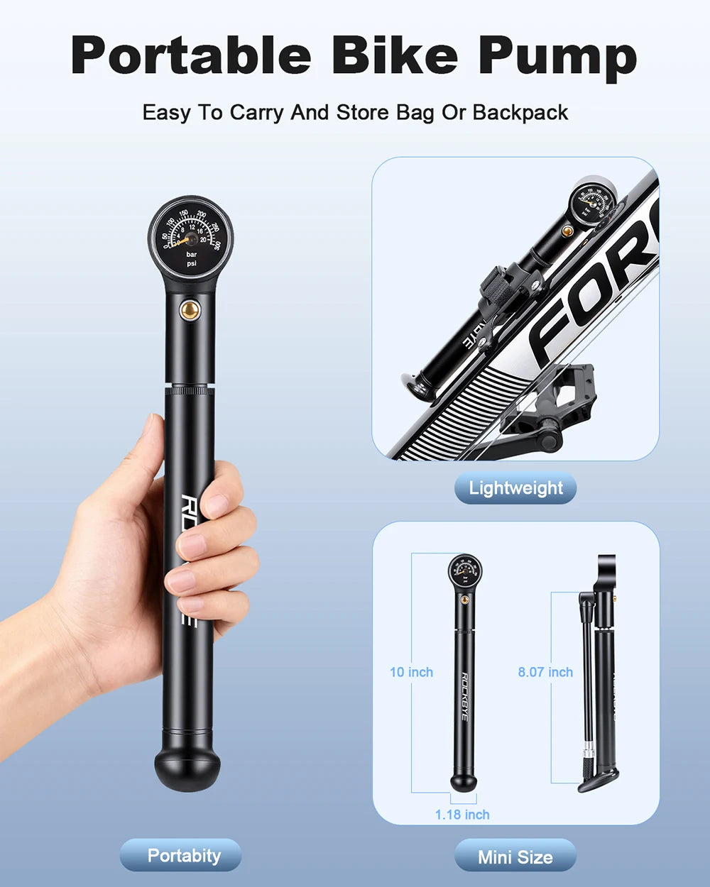 Rockbye Portable Bike Pump — High Pressure 300 PSI Manual Inflator