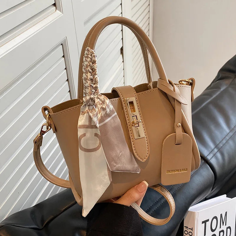 Elegant Leather Top Handle Handbag — Versatile Shoulder Purse with Silk Scarf
