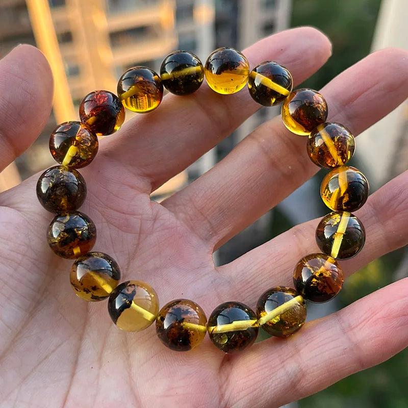 Yoowei Natural Baltic Amber Bracelet — Round Piebald Gemstone Jewelry