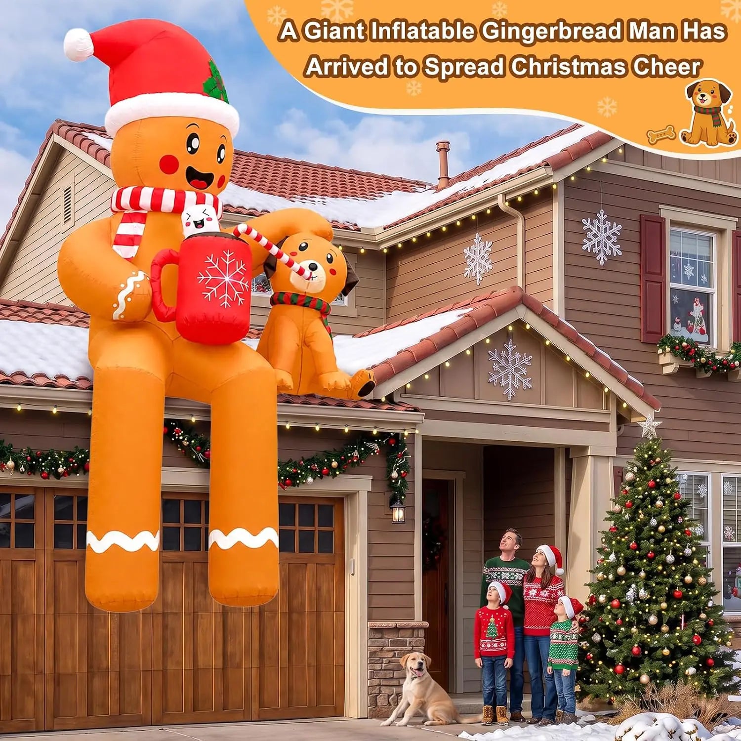 SHXI 16FT Gingerbread Man and Puppy Inflatable — Festive Holiday Yard Decor