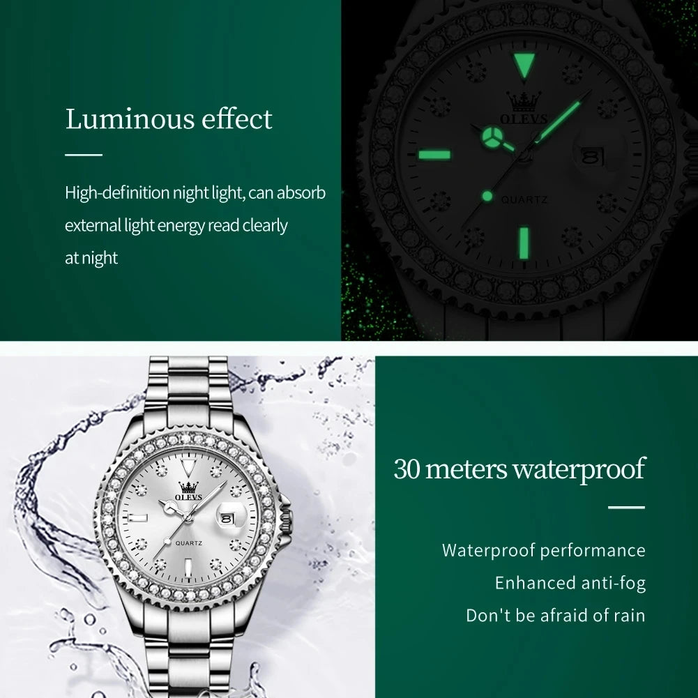 OLEVS Diamond Dial Quartz Watch — Elegant Stainless Steel Ladies Wristwatch