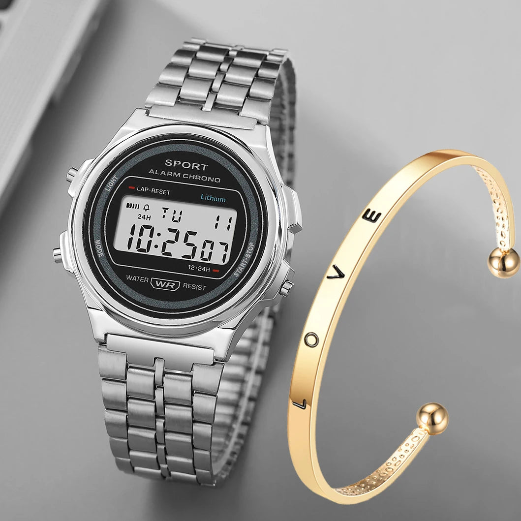 YIKAZE Women's LED Digital Watch — Retro Stainless Steel Luxury Wristwatch