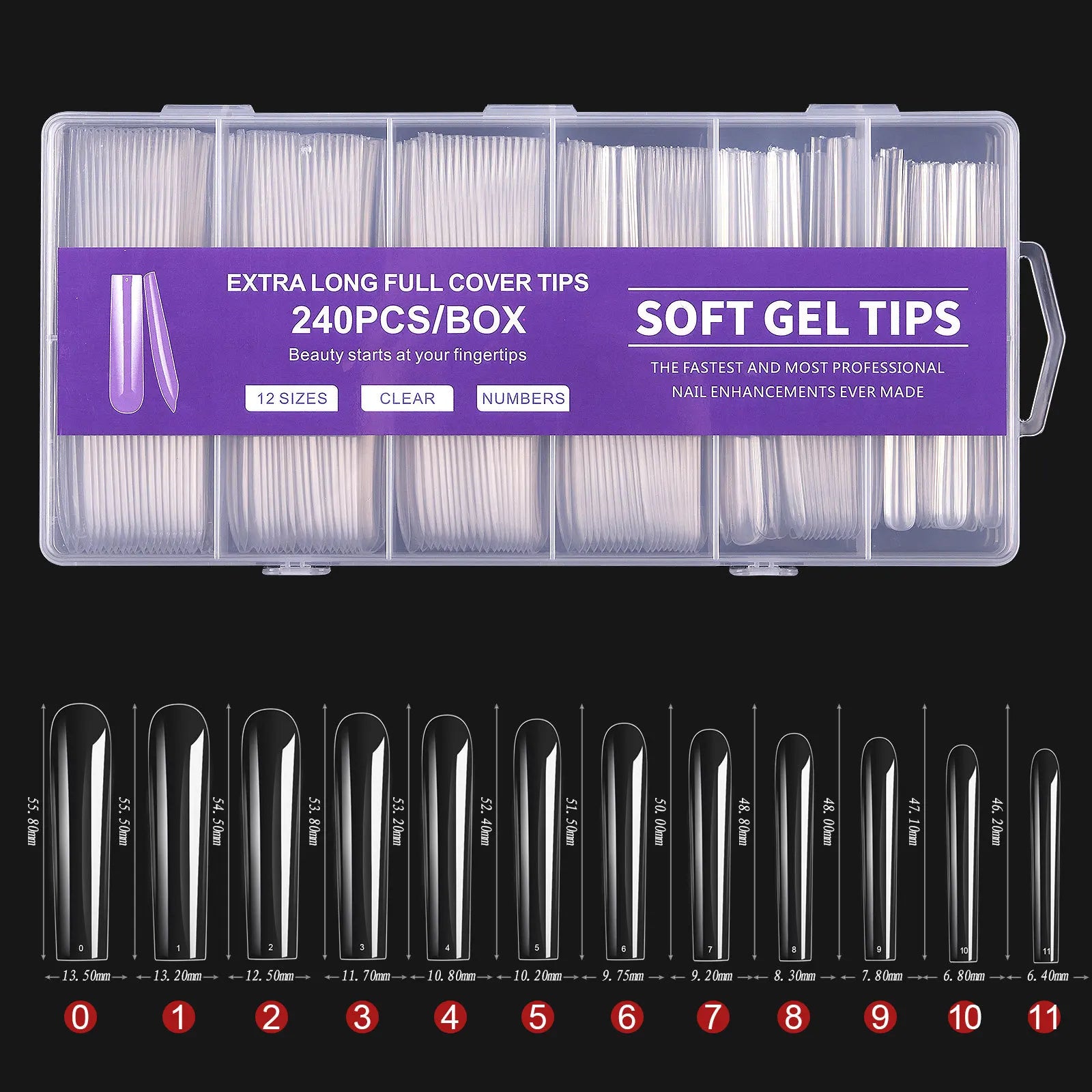 Extra Long Coffin Nail Tips — 240 Piece Clear Acrylic Set, XXXL Length