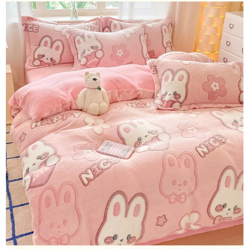 Plush Velvet Bedding Set — Warm Coral Fleece Duvet Cover & Sheet Set