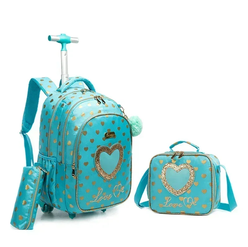 Children's Rolling Backpack Set — Wheeled School Bag with Lunch Bag & Pencil Case