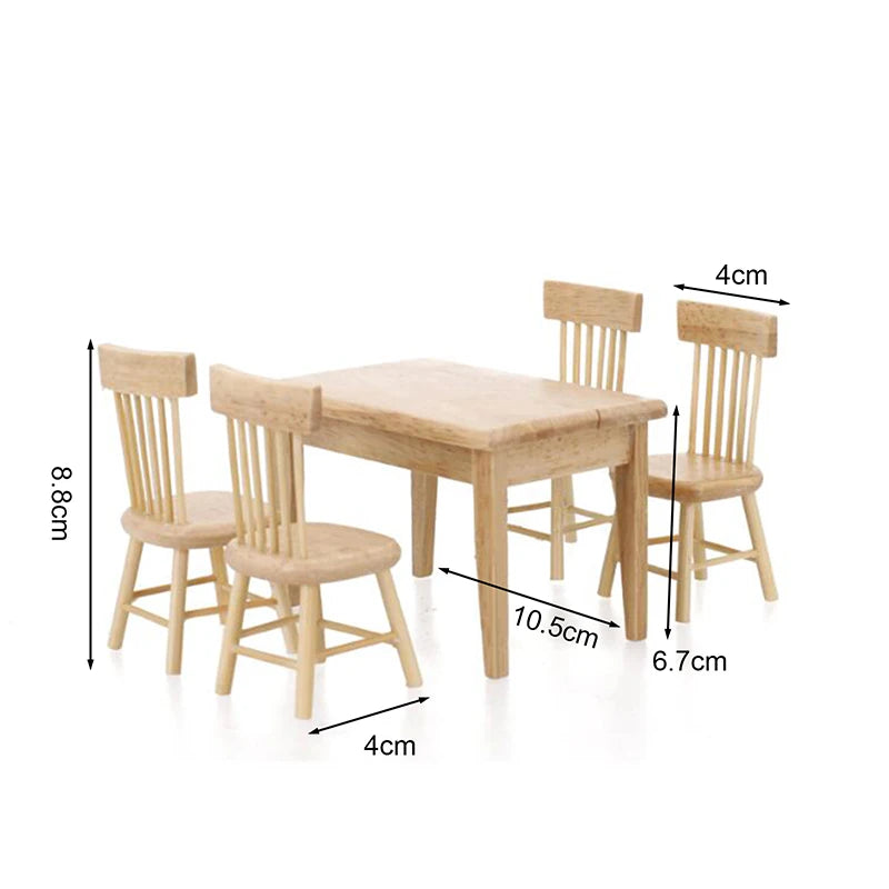 Miniature Dollhouse Dining Set — 1/12 Scale Wooden Table and Chair Decor