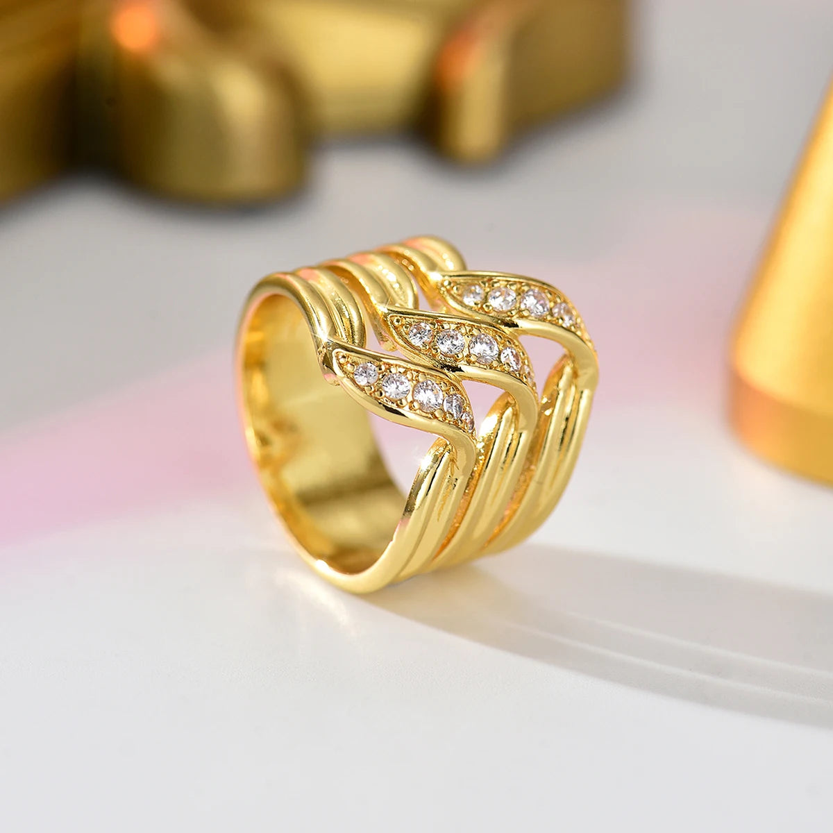 Obega Multi-Layer Leaf Shaped Ring — Paved Zirconia Wide Band Jewelry