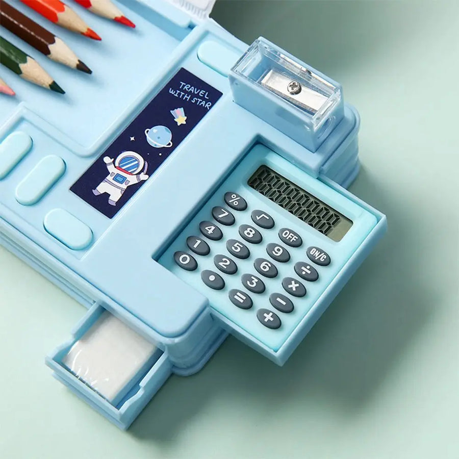Double Layer Stationery Storage Box — Multi-Functional Pencil Case with Calculator