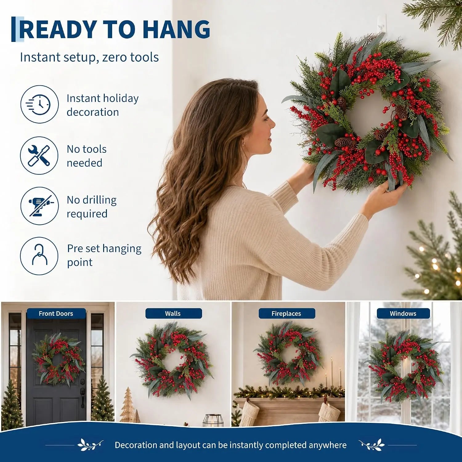 Artificial Christmas Wreath with Pine & Red Berries — Faux Greenery Holiday Decor