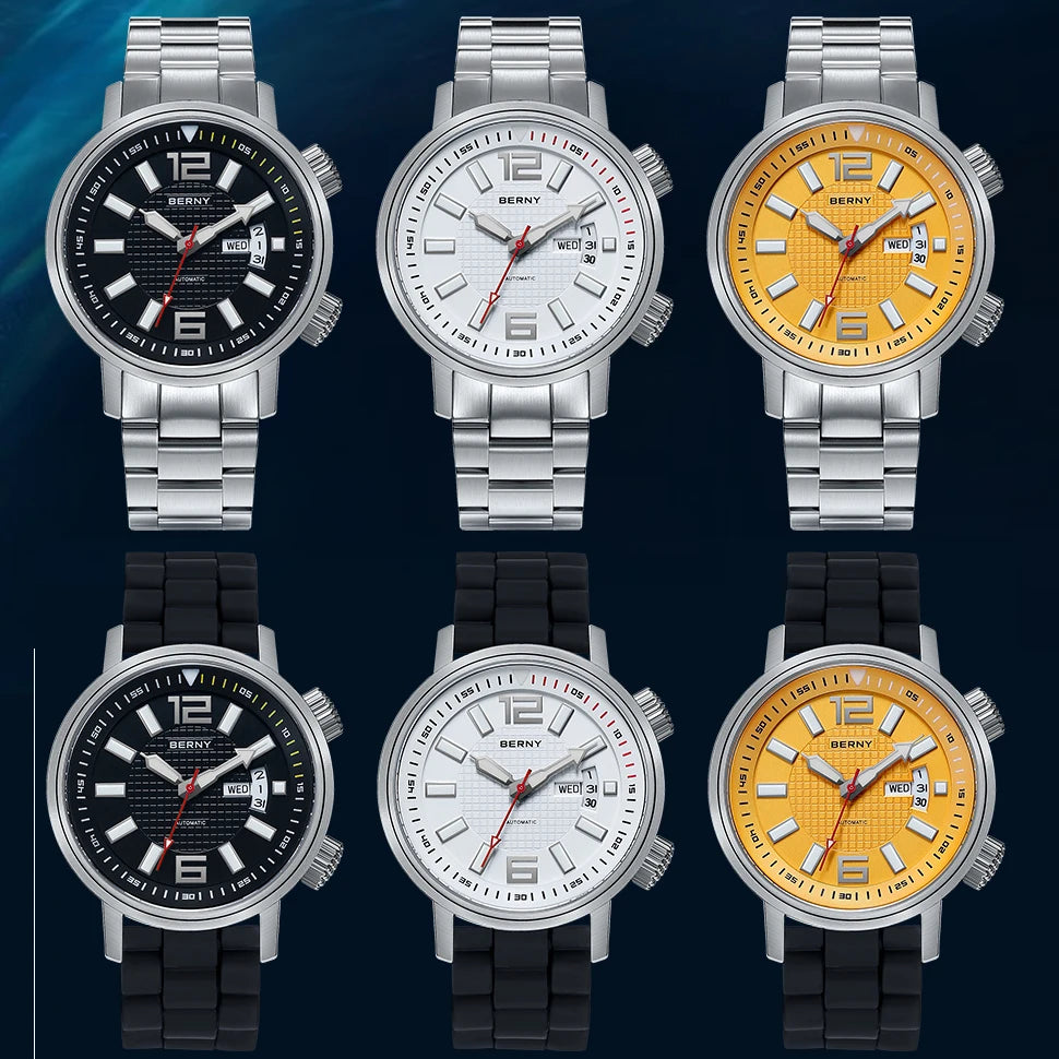 BERNY Automatic Diver Watch — 20ATM Waterproof Mechanical Wristwatch