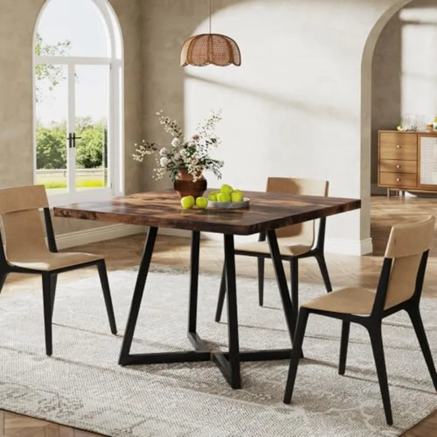 Square Dining Table — Industrial Metal Base & Wood Design, Small Space Solution