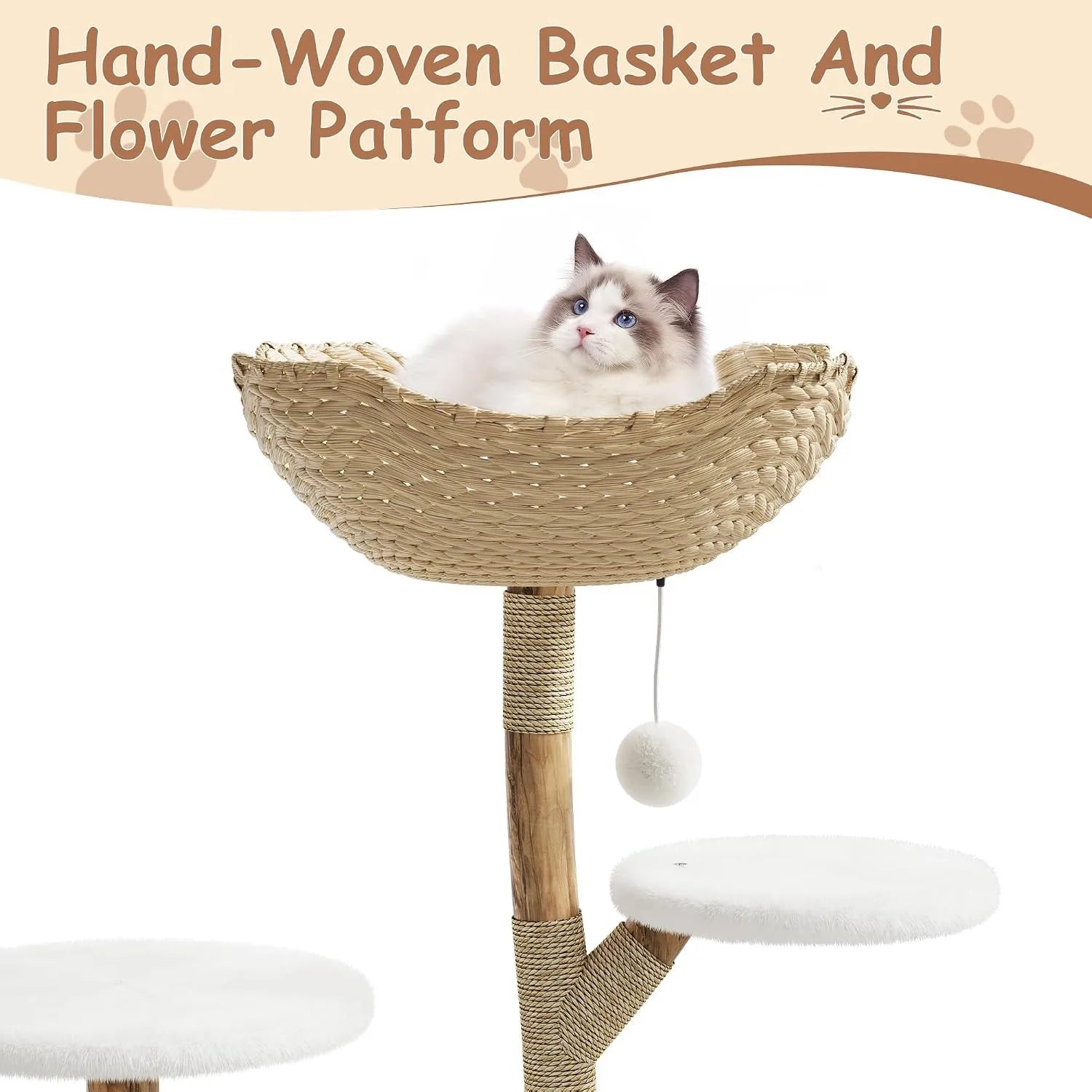 Wooden Cat Tree Tower with Rattan — Multi-Level Climbing Activity Center