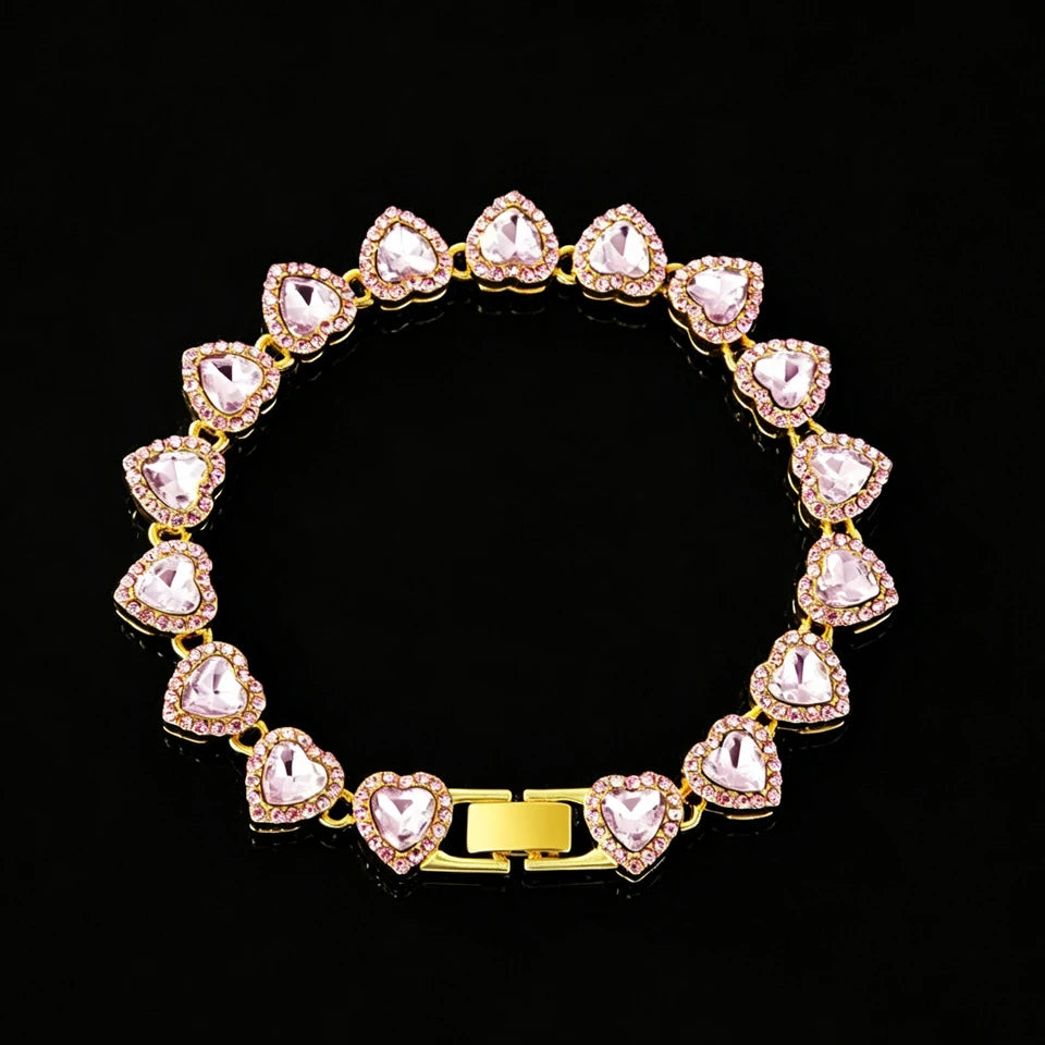 Hip Hop Rhinestone Heart Jewelry Set — Tennis Chain Necklace and Bracelet