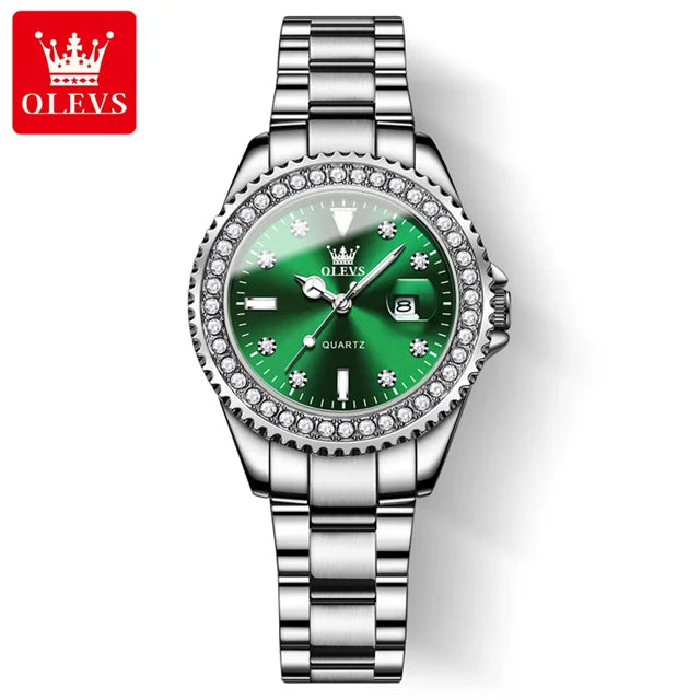 OLEVS Diamond Dial Quartz Watch — Elegant Stainless Steel Ladies Wristwatch