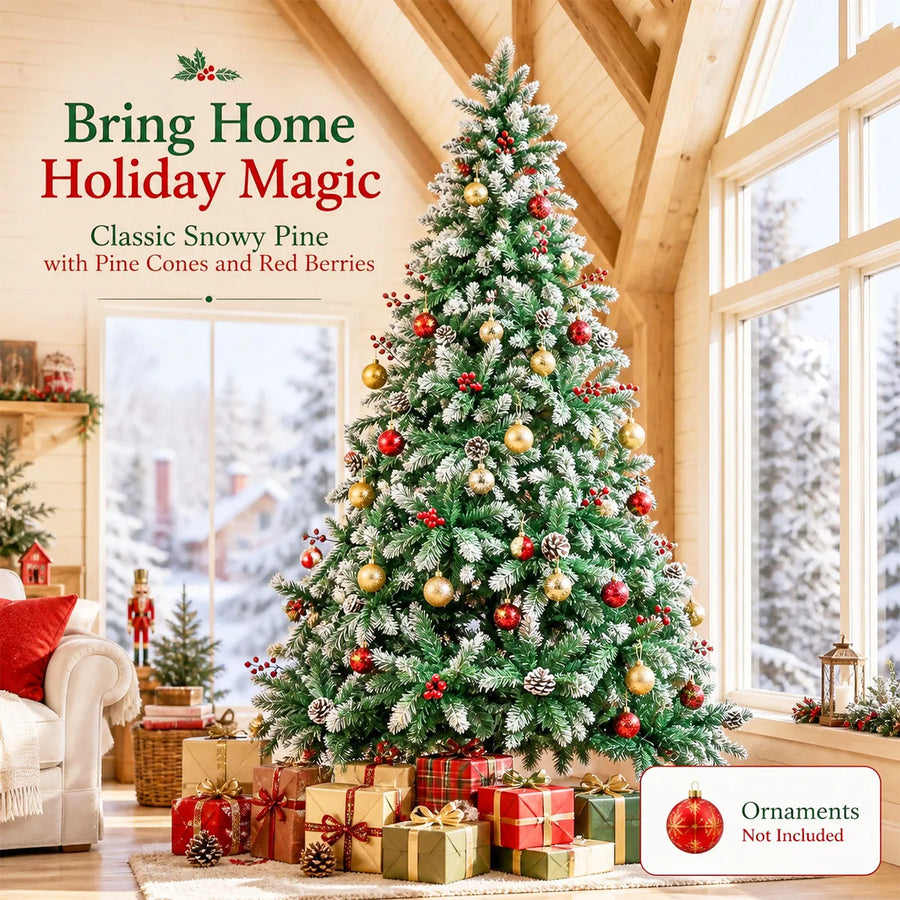 Snow Flocked Artificial Christmas Tree — Realistic Pine Cones & Red Berries