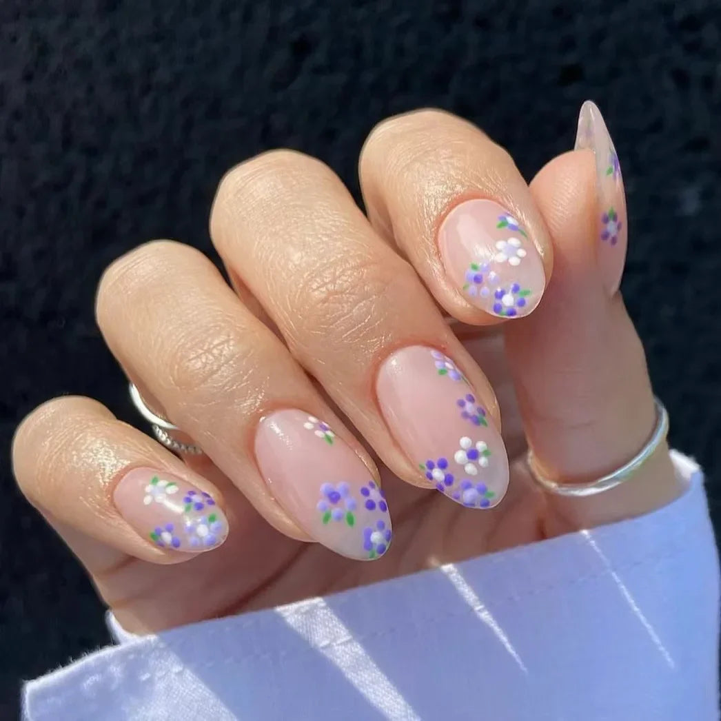 Pink Floral Press-On Nails — Short Almond French Tip Fake Nail Set