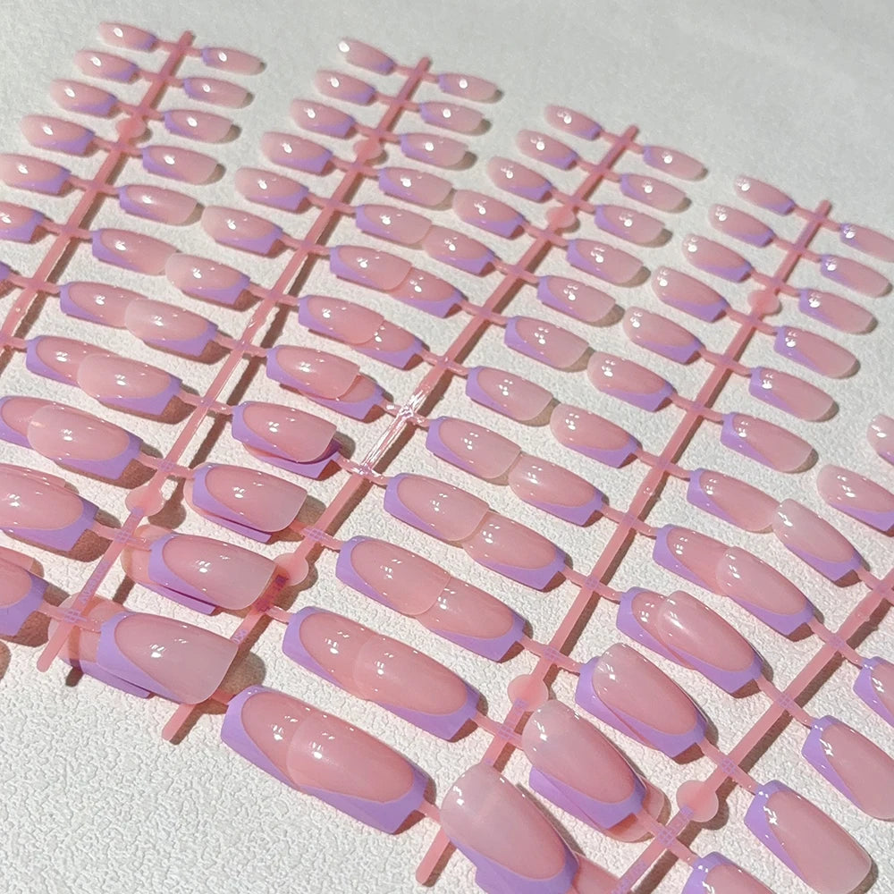 MingLee Glossy French Tip Press On Nails — Medium Square Acrylic False Nails